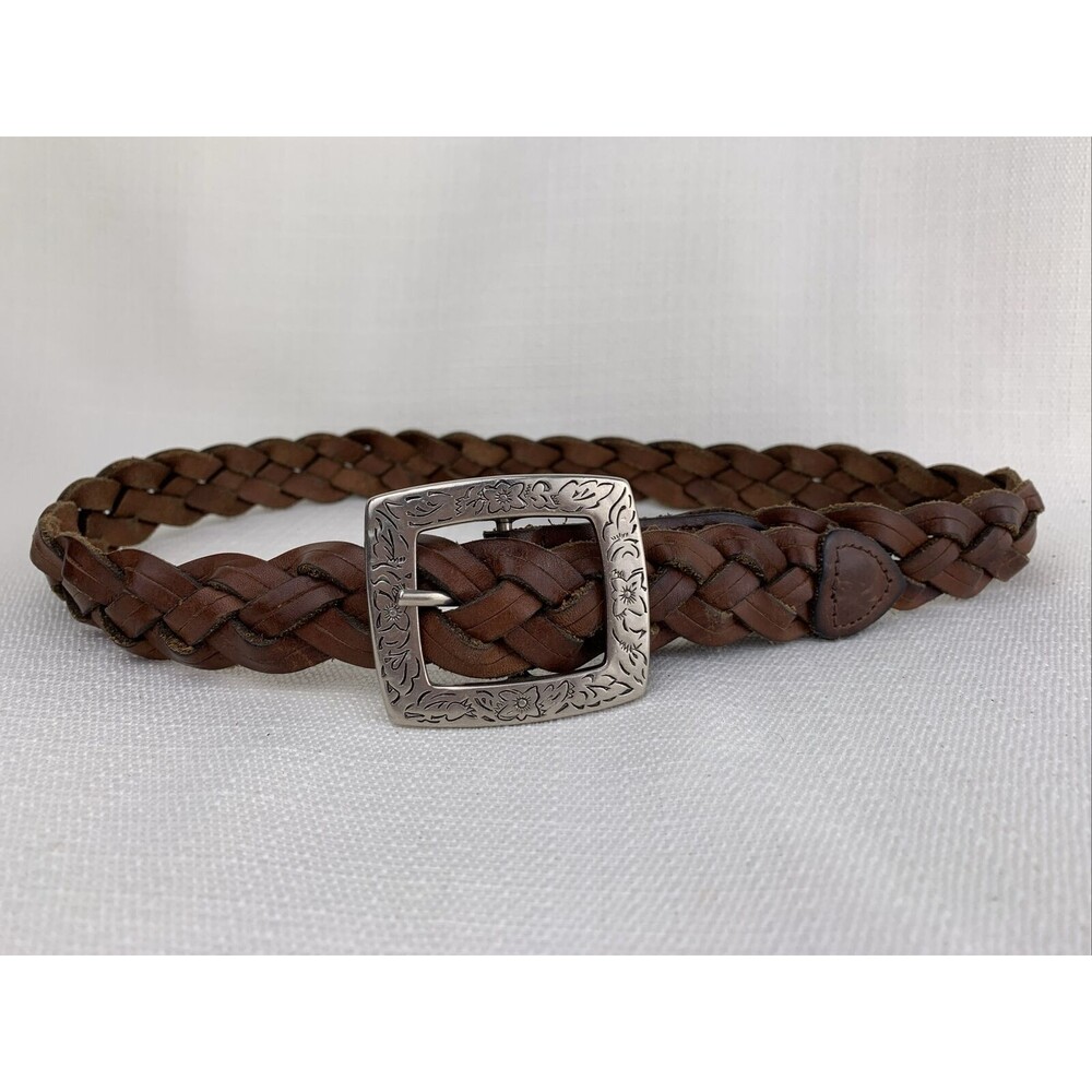 Women's Small County Seat Braided Brown Leather Belt -‎ Flower Buckle